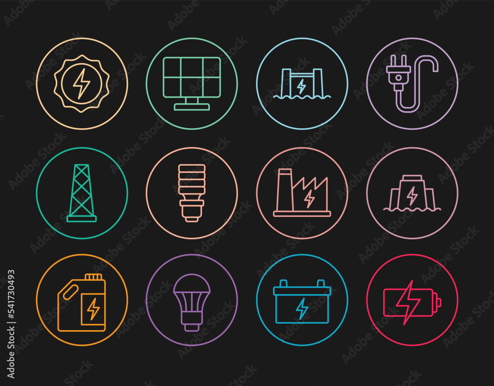 Set line Battery, Hydroelectric dam, LED light bulb, Antenna, Lightning bolt, Nuclear power plant and Solar energy panel icon. Vector Set line Battery, Hydroelectric dam, LED light bulb, Antenna, Lightning bolt, Nuclear power plant and Solar energy panel icon. Vector