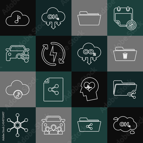 Set line Methane emissions reduction, Share folder, Delete, Folder, Recharging, Car sharing, Music streaming service and CO2 cloud icon. Vector
