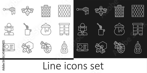 Set line Jar of honey, Hive for bees, Honeycomb, dipper stick with, Beekeeper protect hat, and icon. Vector