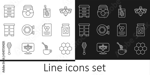 Set line Honeycomb, Jar of honey, dipper stick, Hanging sign with honeycomb, Hive for bees, and icon. Vector