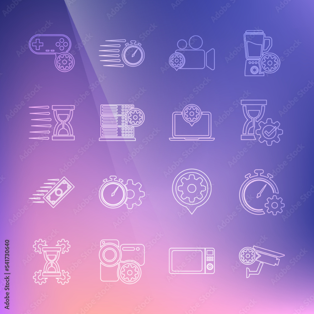 Set line Security camera setting, Time management, Hourglass, Video, Server, Old hourglass with sand, Gamepad and Laptop icon. Vector Set line Security camera setting, Time management, Hourglass, Video, Server, Old hourglass with sand, Gamepad and Laptop icon. Vector