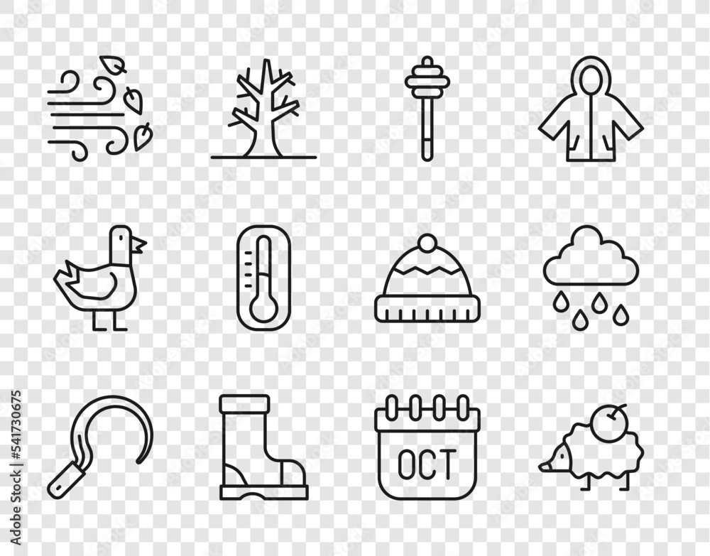 Set line Sickle, Hedgehog, Honey dipper stick, Waterproof rubber boot, Windy weather, Thermometer, October calendar autumn and Cloud with rain icon. Vector Set line Sickle, Hedgehog, Honey dipper stick, Waterproof rubber boot, Windy weather, Thermometer, October calendar autumn and Cloud with rain icon. Vector