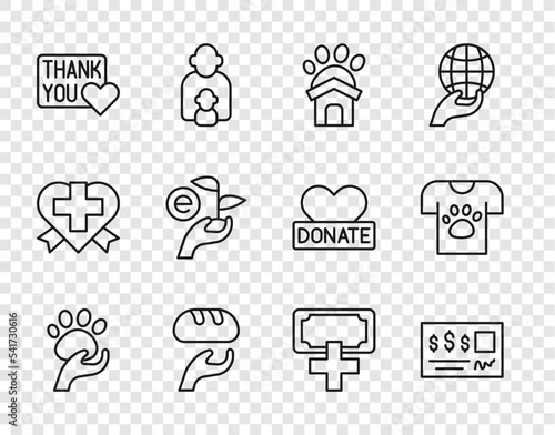 Set line Animal volunteer, Bank check, shelter house, Donation food, Thank you with heart, Leaf in hand, charity and icon. Vector