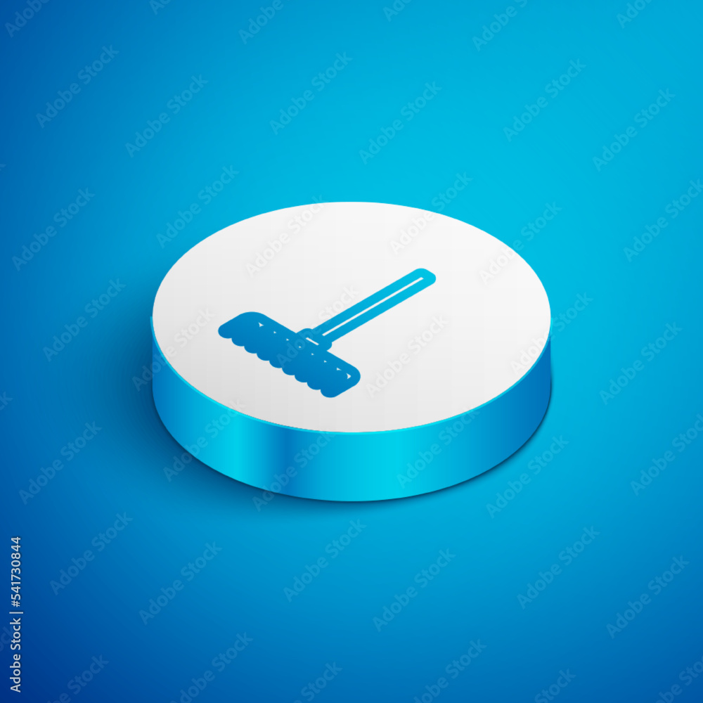 Isometric line Garden rake icon isolated on blue background. Tool for horticulture, agriculture, farming. Ground cultivator. White circle button. Vector Isometric line Garden rake icon isolated on blue background. Tool for horticulture, agriculture, farming. Ground cultivator. White circle button. Vector
