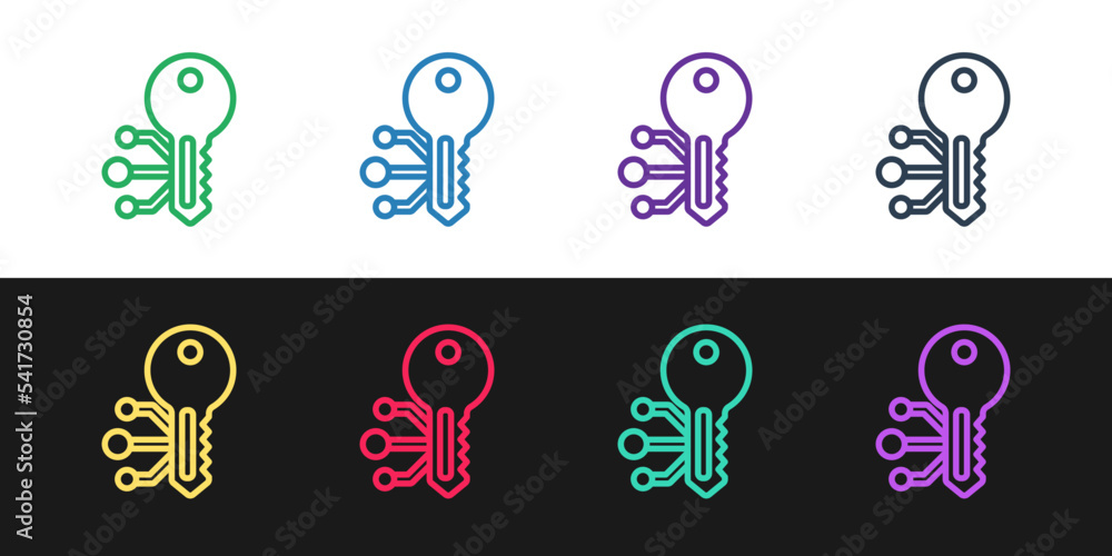 Set line Cryptocurrency key icon isolated on black and white background. Concept of cyber security or private key, digital key with technology interface. Vector Set line Cryptocurrency key icon isolated on black and white background. Concept of cyber security or private key, digital key with technology interface. Vector