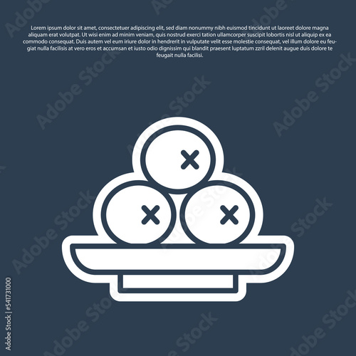 Blue line Olives on plate icon isolated on blue background. Vector