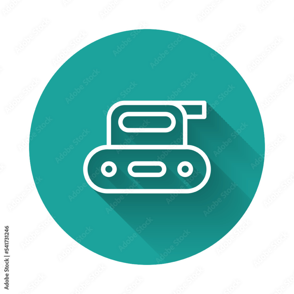 White line Electric planer tool icon isolated with long shadow background. Green circle button. Vector White line Electric planer tool icon isolated with long shadow background. Green circle button. Vector