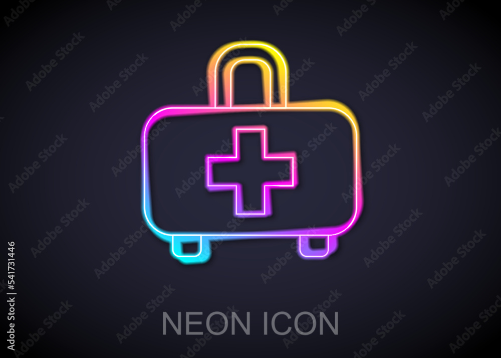 Glowing neon line First aid kit icon isolated on black background. Medical box with cross. Medical equipment for emergency. Healthcare concept. Vector Glowing neon line First aid kit icon isolated on black background. Medical box with cross. Medical equipment for emergency. Healthcare concept. Vector
