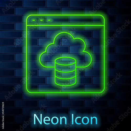 Glowing neon line Cloud technology data transfer and storage icon isolated on brick wall background. Vector