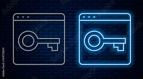 Glowing neon line Secure your site with HTTPS, SSL icon isolated on brick wall background. Internet communication protocol. Vector