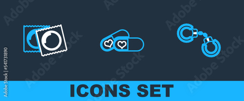 Set line Sexy fluffy handcuffs, Condoms in package and Pills for potency icon. Vector