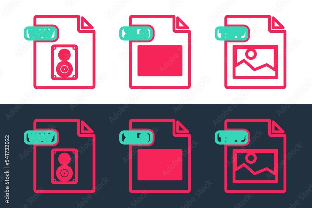 Set line TIFF file document, WAV and XLS icon. Vector Set line TIFF file document, WAV and XLS icon. Vector