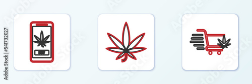 Set line Shopping cart with marijuana, Online buying and Marijuana or cannabis leaf icon. Vector