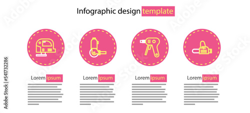 Set line Electric hot glue gun, Chainsaw, Angle grinder and jigsaw icon. Vector