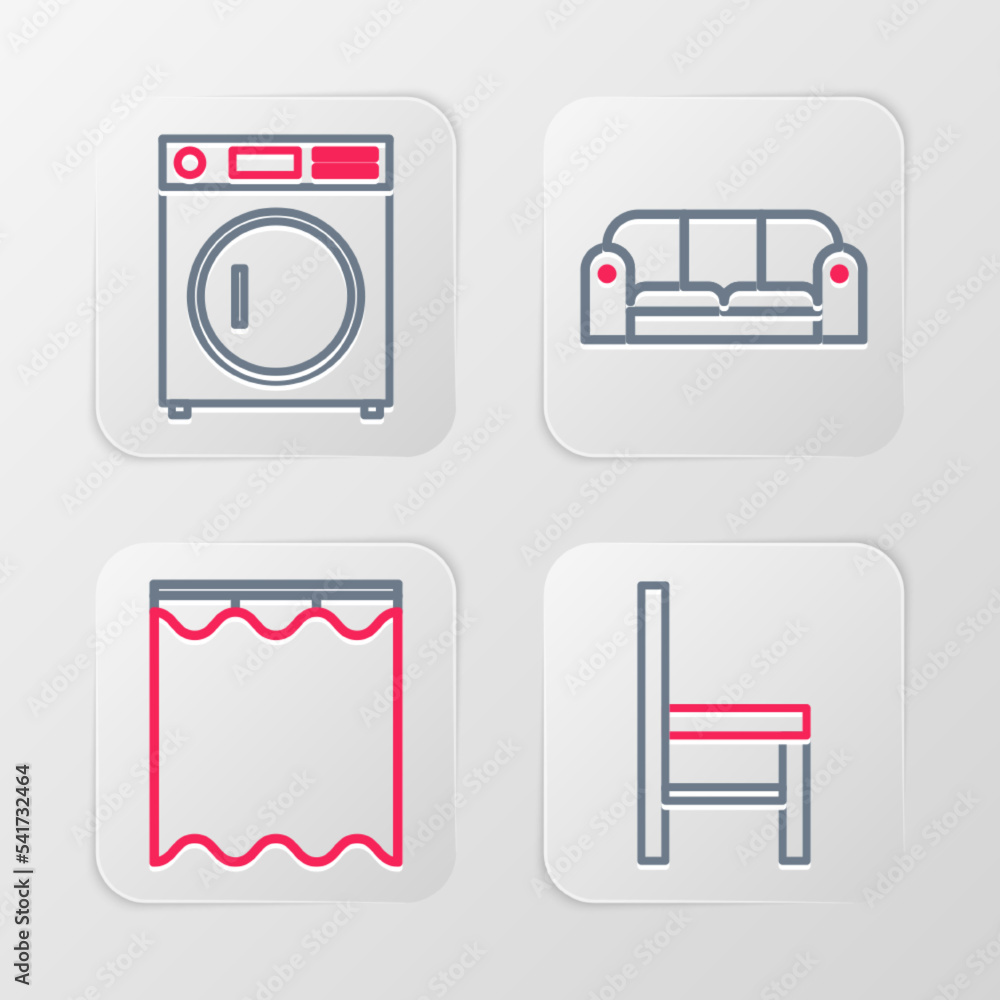 Set line Chair, Curtains, Sofa and Washer icon. Vector Set line Chair, Curtains, Sofa and Washer icon. Vector