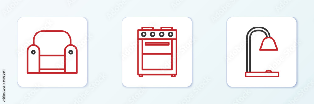 Set line Table lamp, Armchair and Oven icon. Vector Set line Table lamp, Armchair and Oven icon. Vector