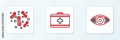 Set line Reddish eye allergic conjunctivitis, Bacteria and First aid kit icon. Vector