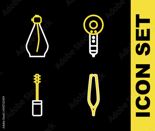 Set line Hair dryer, Eyebrow tweezers, Mascara brush and Perfume icon. Vector