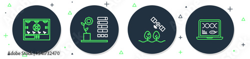 Set line Flower status, Smart farm with drone, farming technology and Genetic engineering modification icon. Vector
