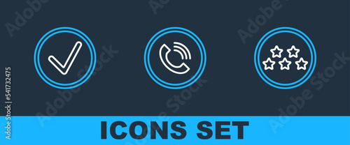 Set line Five stars rating review, Check mark circle and Phone call icon. Vector