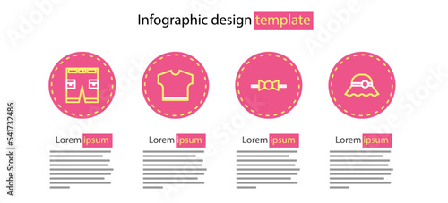 Set line Bow tie, Elegant women hat, T-shirt and Short or pants icon. Vector