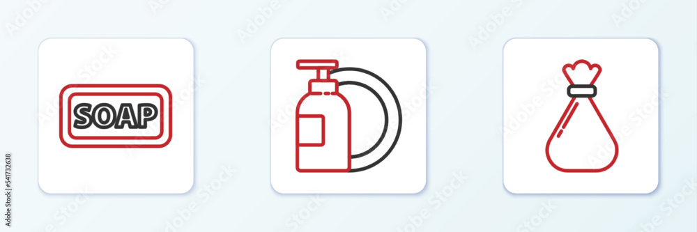 Set line Garbage bag, Bar of soap and Dishwashing liquid bottle and plate icon. Vector Set line Garbage bag, Bar of soap and Dishwashing liquid bottle and plate icon. Vector
