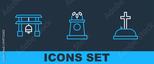 Set line Tombstone with cross, Japan Gate and Stage stand or tribune icon. Vector