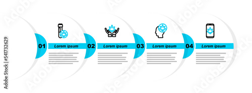 Set line Mobile and marijuana or cannabis, Head with, Marijuana leaf and Chemical test tube icon. Vector