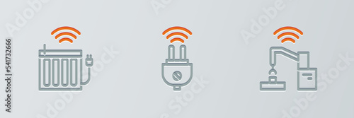 Set line Robotic robot arm hand factory, Smart heating radiator and electric plug icon. Vector