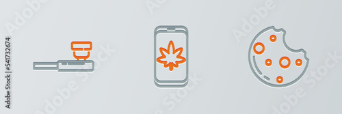 Set line Cookies with marijuana, Smoking pipe and Mobile and or cannabis icon. Vector