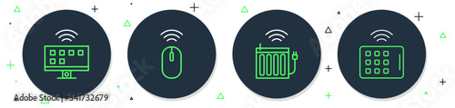 Set line Wireless mouse, Smart heating radiator, Tv system and tablet icon. Vector