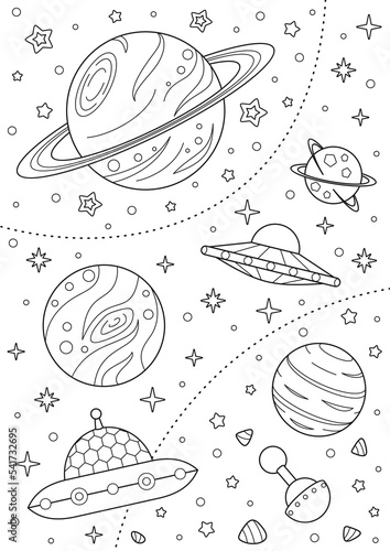 Coloring page with different planets, alien spaceships and stars. Black and white outline illustration isolated on a white background. Far space. Vector design template for kids coloring book, poster 