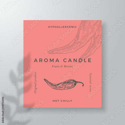 Aroma candle vector label template. Chilly pepper scent from local purveyors advert design Ink style sketch background layout decor Natural smell product package text space