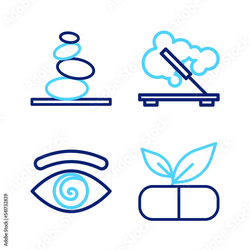Set line Medical pill with plant, Hypnosis, Scented spa stick and Stack hot stones icon. Vector