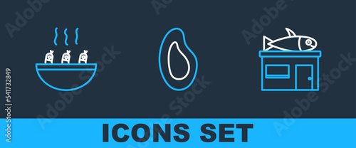 Set line Seafood store, Soup with shrimps and Mussel icon. Vector