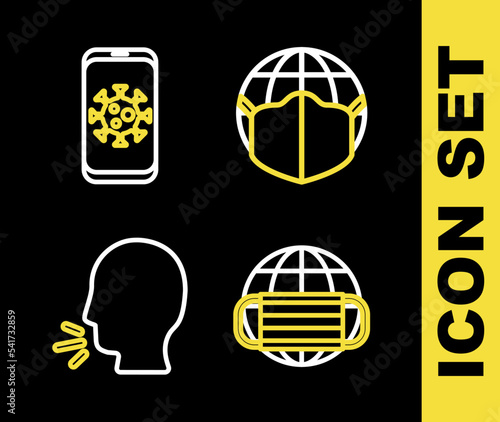 Set line Earth with medical mask, Man coughing and Virus statistics on mobile icon. Vector