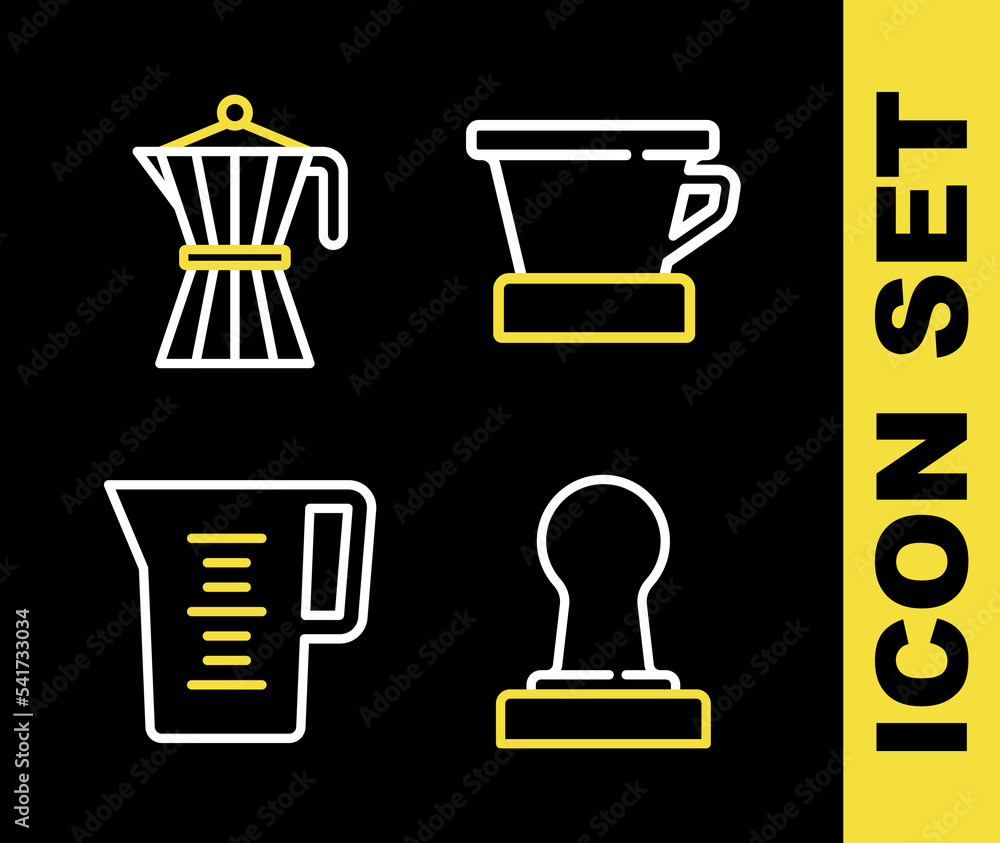 Set line V60 coffee maker, Coffee tamper, Jug glass with water and moca pot icon. Vector Set line V60 coffee maker, Coffee tamper, Jug glass with water and moca pot icon. Vector