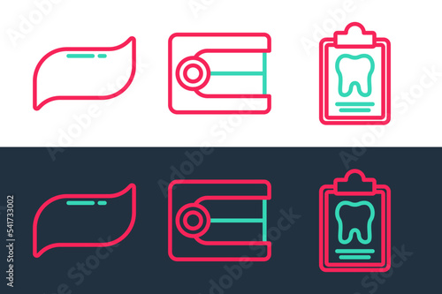 Set line Dental card, Toothpaste and Dentures model icon. Vector