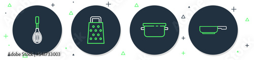 Set line Grater, Cooking pot, Kitchen whisk and Frying pan icon. Vector