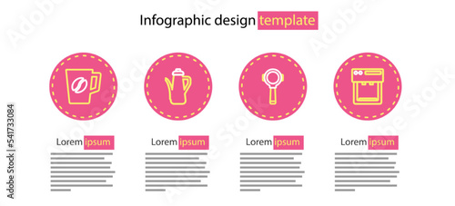 Set line Coffee filter holder, machine, Teapot and cup icon. Vector