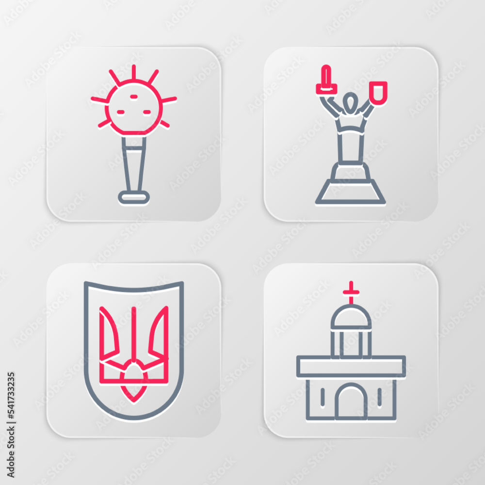 Set line Church building, Ukrainian trident, Mother Motherland monument and Mace icon. Vector Set line Church building, Ukrainian trident, Mother Motherland monument and Mace icon. Vector