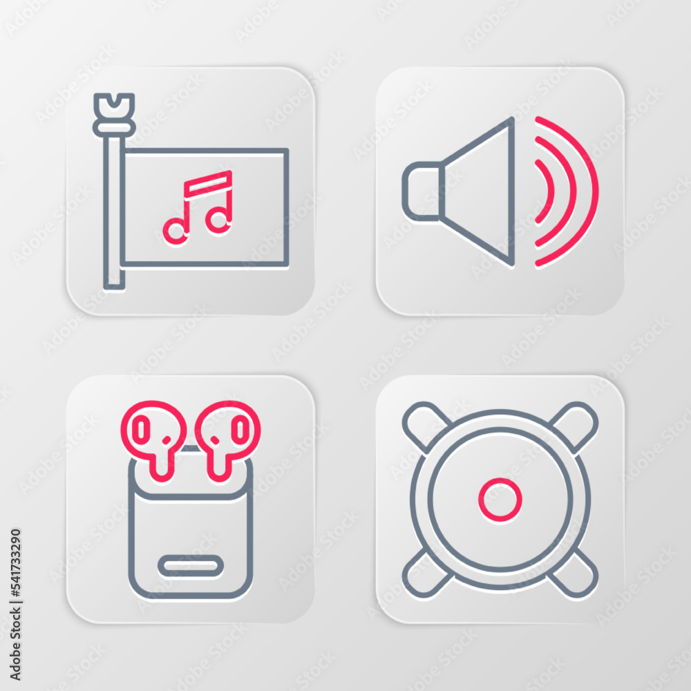 Set line Stereo speaker, Air headphones in box, Speaker volume and Music festival flag icon. Vector Set line Stereo speaker, Air headphones in box, Speaker volume and Music festival flag icon. Vector