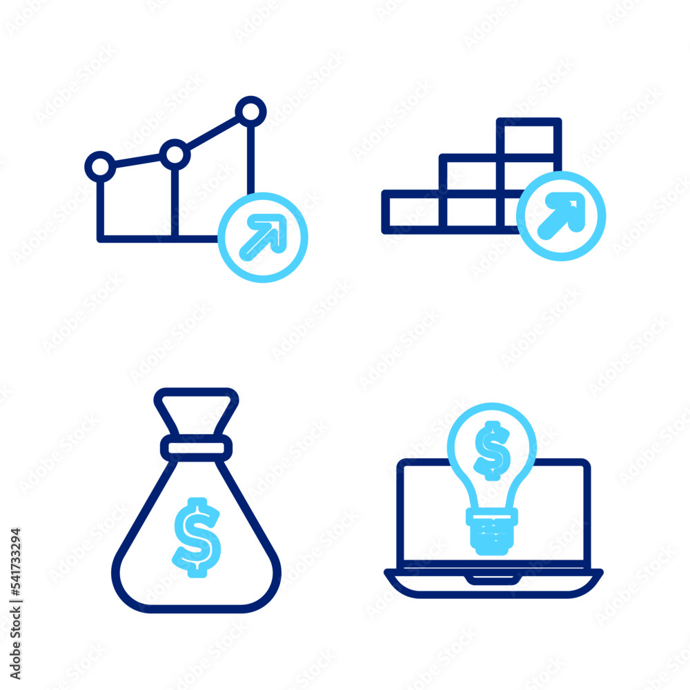 Set line Light bulb with dollar on laptop, Money bag, Financial growth and icon. Vector Set line Light bulb with dollar on laptop, Money bag, Financial growth and icon. Vector