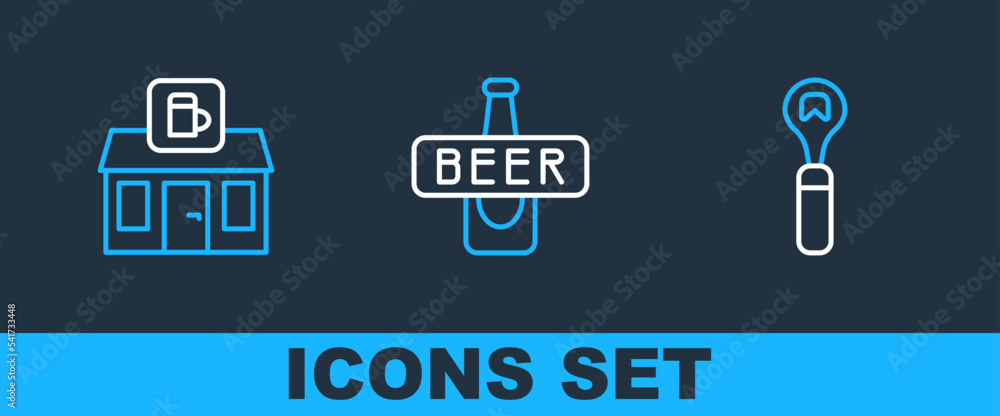 Set line Bottle opener, Store building of beer shop and Beer bottle icon. Vector Set line Bottle opener, Store building of beer shop and Beer bottle icon. Vector