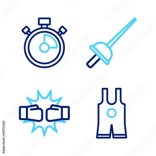 Set line Wrestling singlet, Punch boxing gloves, Fencing and Stopwatch icon. Vector