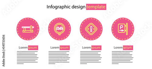 Set line Exclamation mark in triangle, Parking, No overtaking road traffic and car barrier icon. Vector