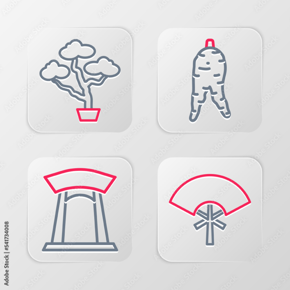 Set line Traditional fan, Korean gate, Ginseng root and Bonsai tree icon. Vector Set line Traditional fan, Korean gate, Ginseng root and Bonsai tree icon. Vector