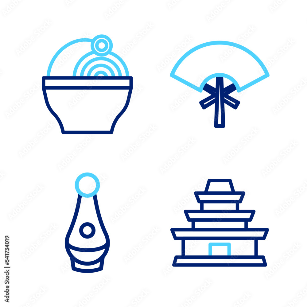Set line Korean temple, Soju bottle, Traditional fan and Ramen icon. Vector Set line Korean temple, Soju bottle, Traditional fan and Ramen icon. Vector