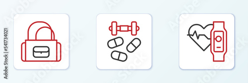 Set line Smart watch with heart, Sport bag and Sports doping dumbbell icon. Vector