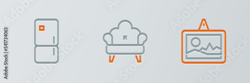 Set line Picture, Refrigerator and Sofa icon. Vector